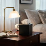 Close-up of a premium black leatherette cubic tissue box cover with textured finish and circular top opening.